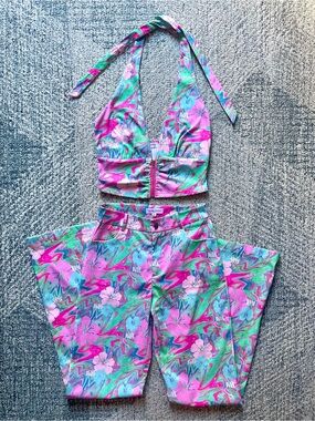 ELSIE & FRED Floral Swirl Co-Ord Set Halter Top Flare Pants Hot Pink Mint Green